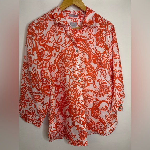 Chicos Size 2.5 Bright Coral Orange Floral No Iron Blouse - Picture 2 of 6